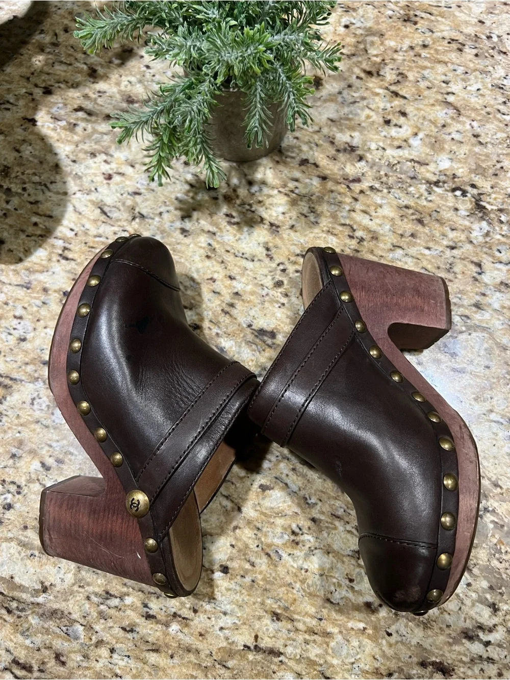 Chanel Brown Leather Interlocking CC Studded Platform Clog Mules 37.5